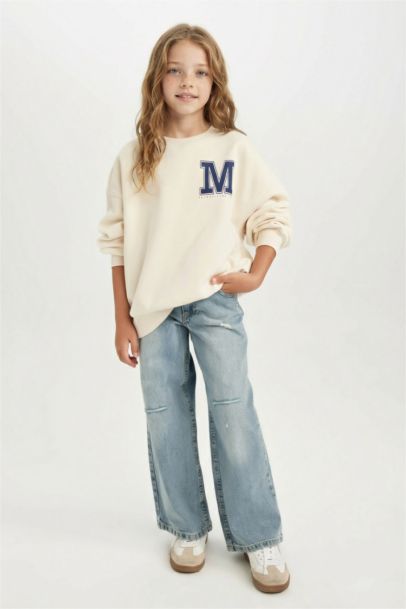 Girl Oversize Fit Crew Neck University Printed Sweatshirt