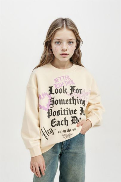 Relax Fit Bisiklet Yaka Baskılı Sweatshirt Kız Çocuk