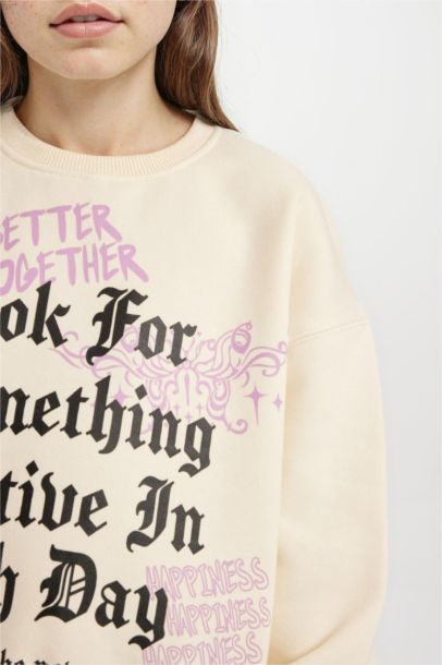 Relax Fit Bisiklet Yaka Baskılı Sweatshirt Kız Çocuk