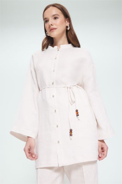 Regular Fit Laced Long Sleeve Linen Shirt Tunic