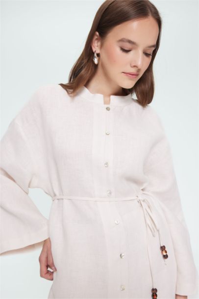 Regular Fit Laced Long Sleeve Linen Shirt Tunic