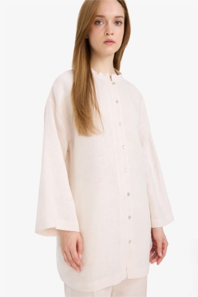 Regular Fit Laced Long Sleeve Linen Shirt Tunic