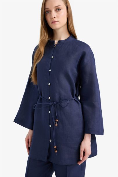 %100 Keten Regular Fit Bağcıklı Uzun Kollu Tesettür Gömlek Tunik