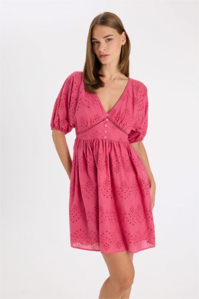 Babydoll Vual Kısa Kollu Brode Mini Abiye Elbise