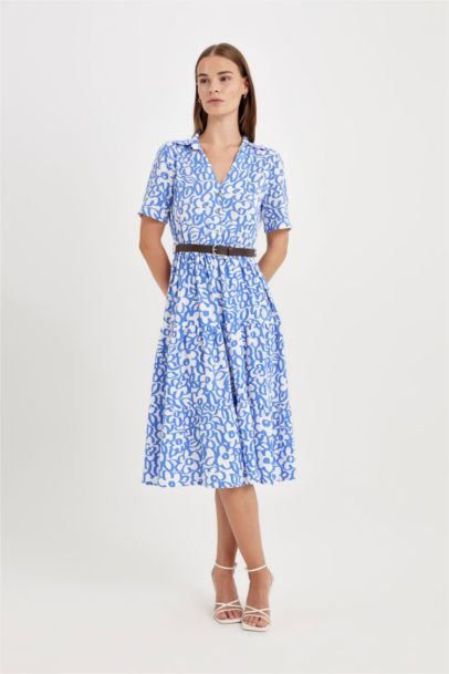 فستان طويل نص كم مطبوع بياقة قميص