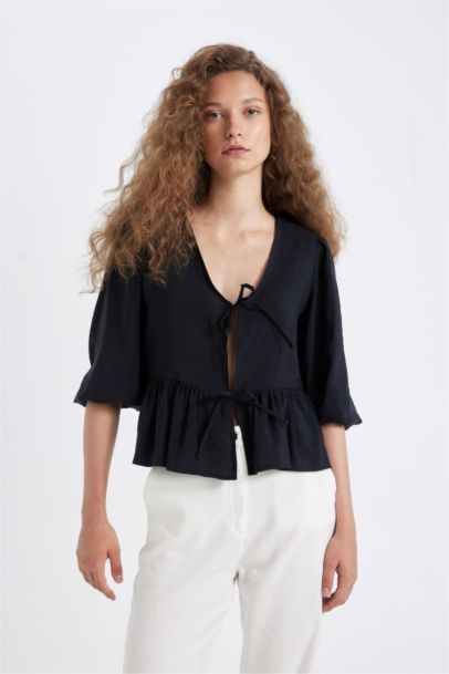 Chemisier à Manches Longues en Modal à coupe régulière et à Col en V