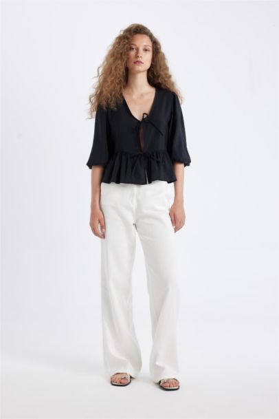 Chemisier à Manches Longues en Modal à coupe régulière et à Col en V