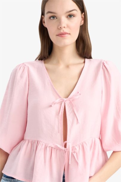 Regular Fit V Neck Front Tied Blouse