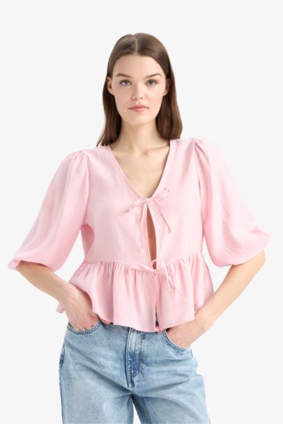 Regular Fit V Neck Front Tied Blouse