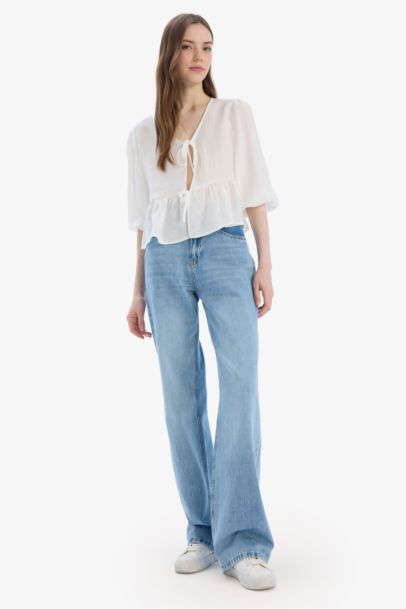 Regular Fit V Neck Front Tied Blouse