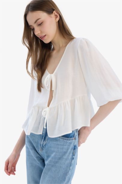 Regular Fit V Neck Front Tied Blouse