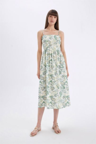 Robe Midi en Coton imprimée à Bretelles et à Col Carré