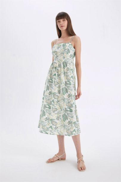 Robe Midi en Coton imprimée à Bretelles et à Col Carré