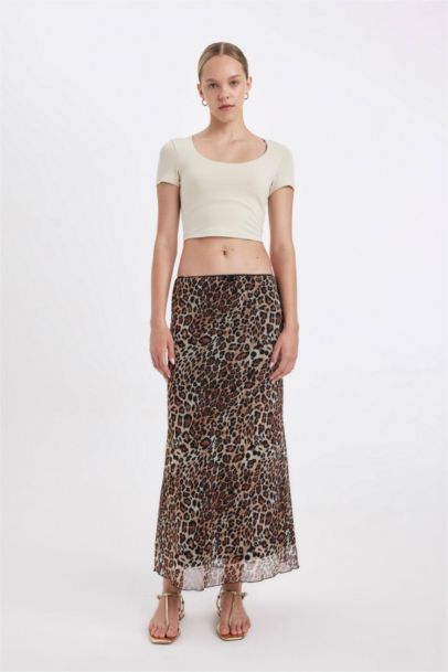 A-line Leopard Print High Waist Cotton Lined Tulle Maxi Skirt