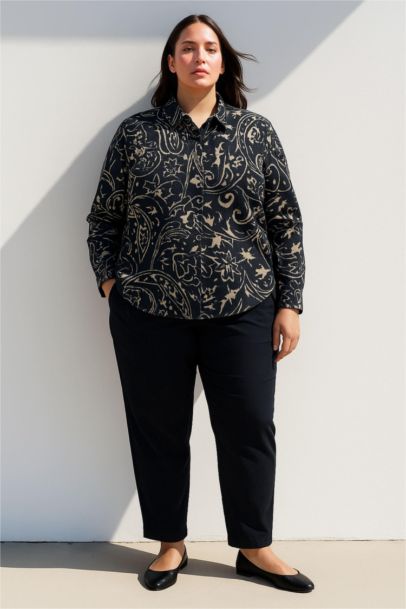 Oversize Fit Shirt Collar Printed Long Sleeve Shirt