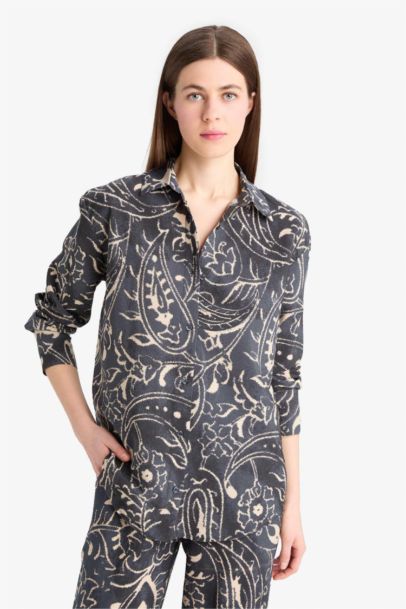 Oversize Fit Shirt Collar Printed Long Sleeve Shirt