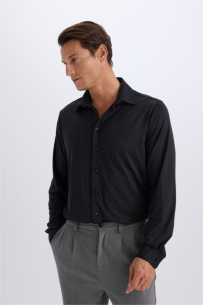 Slim Fit Polo Collar Long Sleeve Shirt