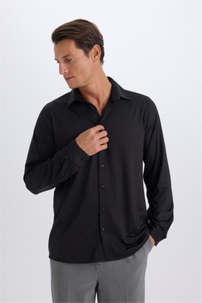 Slim Fit Polo Collar Long Sleeve Shirt