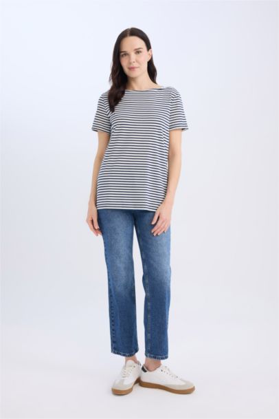 Regular Fit Boat Neck Striped Short Sleeve T-Shirt