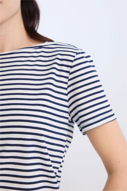 Regular Fit Boat Neck Striped Short Sleeve T-Shirt
