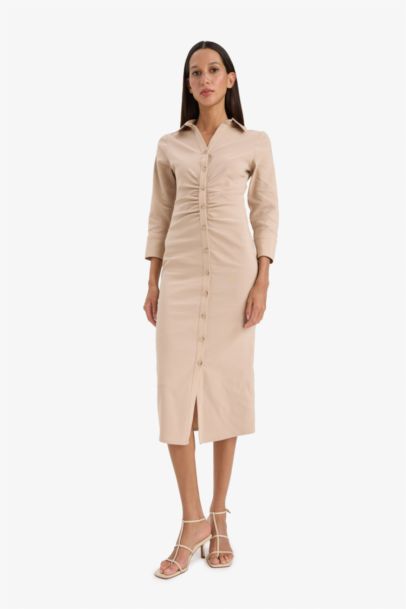 Shirt Collar Basic Pleated Half Sleeve Dress