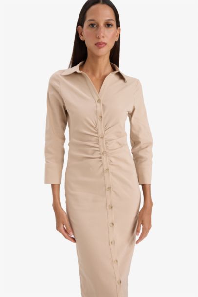 Shirt Collar Basic Pleated Half Sleeve Dress