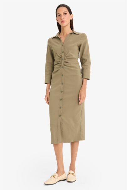 Shirt Collar Basic Pleated Half Sleeve Dress