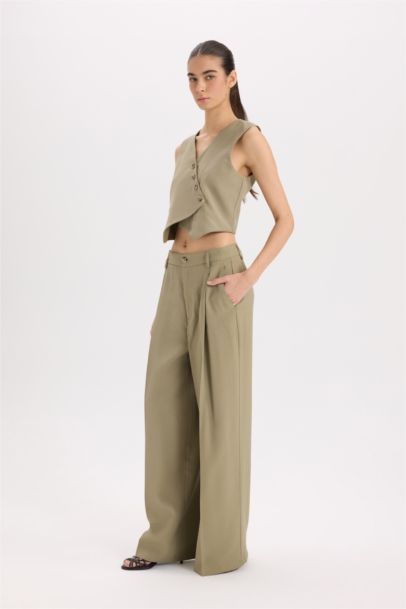 Wide Leg Piliseli Klasik Kumaş Pantolon Yüksek Bel Geniş Paça Basic Düz Tencel Çift Cepli