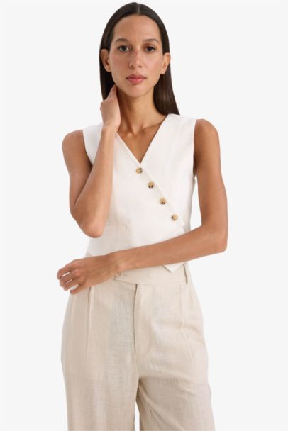 Regular Fit V Neck Cross Button Tencel Blazer Vest