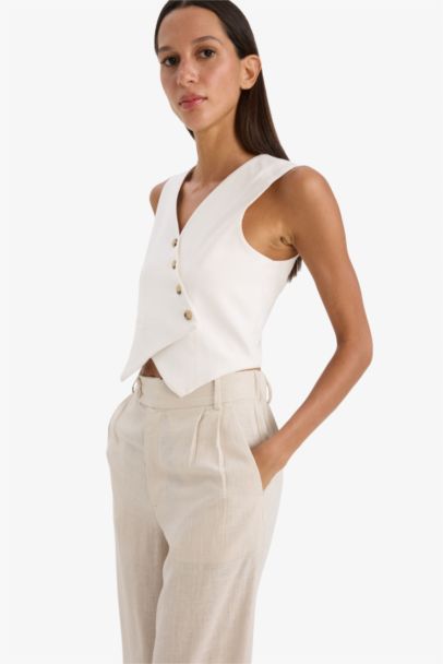 Regular Fit V Neck Cross Button Tencel Blazer Vest