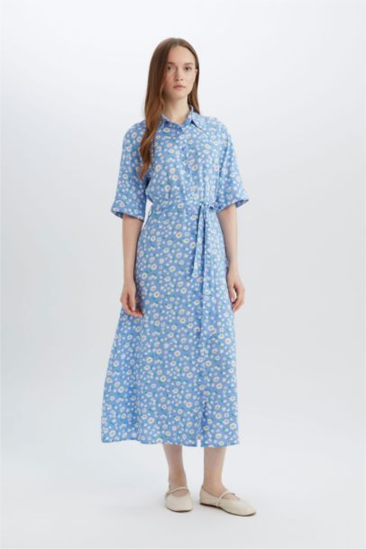 A Cut Shirt Collar Printed Double Sleeves Dress