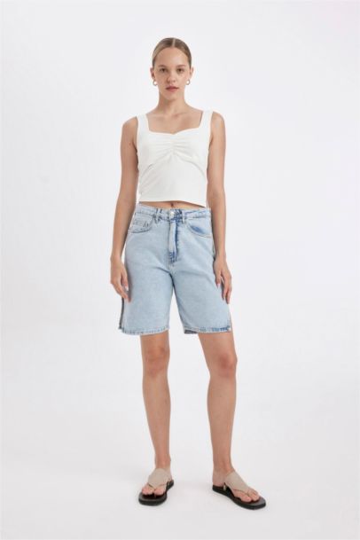 High Waist Denim Bermuda Shorts