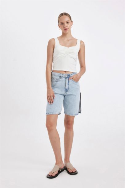 High Waist Denim Bermuda Shorts