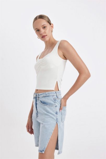 High Waist Denim Bermuda Shorts