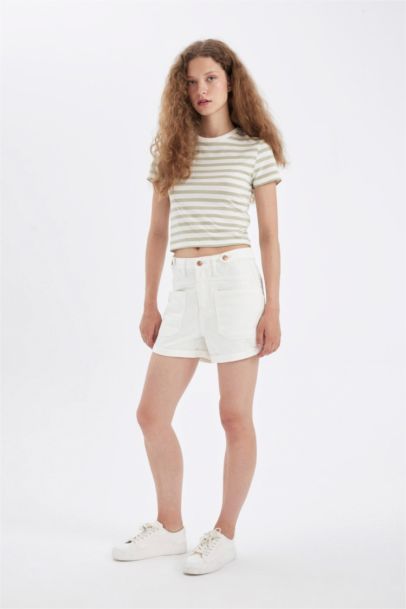 Mom Fit High Waist Fold-Ankle Denim Shorts