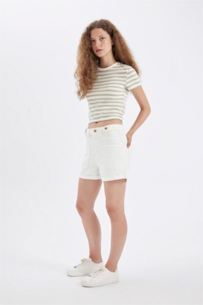 Mom Fit High Waist Fold-Ankle Denim Shorts