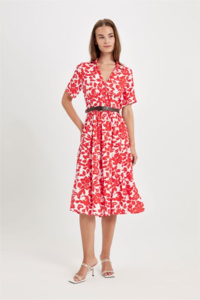 Gömlek Yaka Desenli Kısa Kollu Midi Elbise