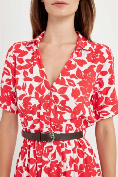 Gömlek Yaka Desenli Kısa Kollu Midi Elbise