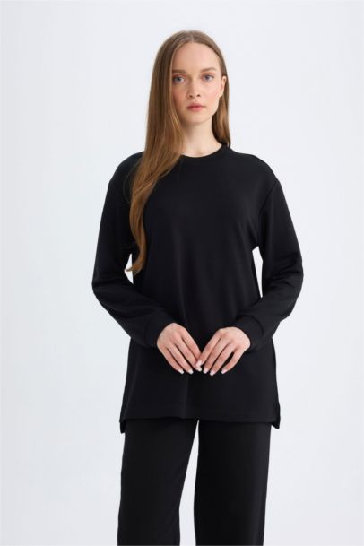 Black Regular Fit Crew Neck Basic Sweatshirt Tunic