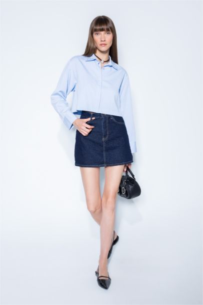 Crop Basic Düz Düğmeli Dokuma Uzun Kollu Gömlek