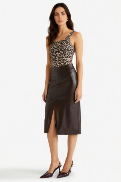 Pencil High Waist Cotton Lined Faux Leather Midi Skirt