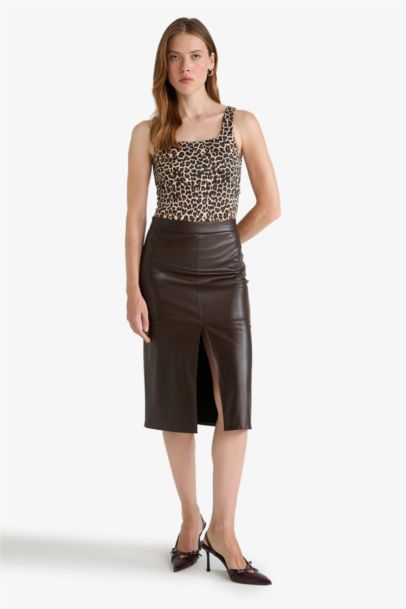 Jupe crayon mi-longue en similicuir taille haute avec doublure en coton peigné