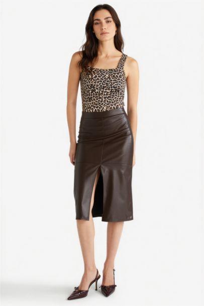 Pencil High Waist Cotton Lined Faux Leather Midi Skirt