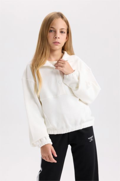 Relax Fit Çıtçıtlı Dik Yaka Basic Düz Sweatshirt Kız Çocuk