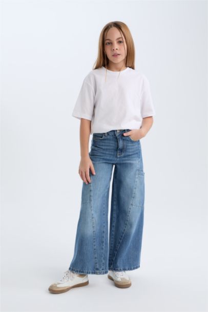 Wide Leg Kargo Cepli Geniş Bol Paça Jean Pantolon Kız Çocuk