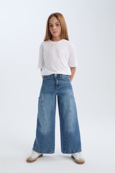 Wide Leg Kargo Cepli Geniş Bol Paça Jean Pantolon Kız Çocuk