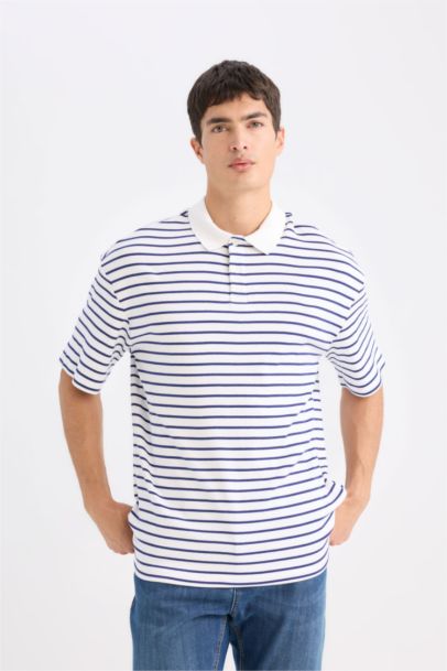 Relax Fit Striped Short Sleeve Ribbed Polo T-Shirt