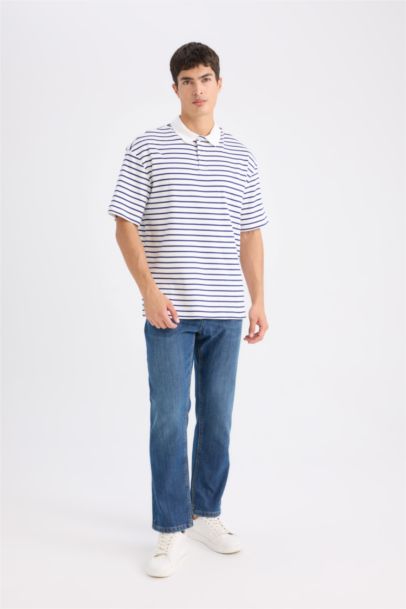 Relax Fit Striped Short Sleeve Ribbed Polo T-Shirt