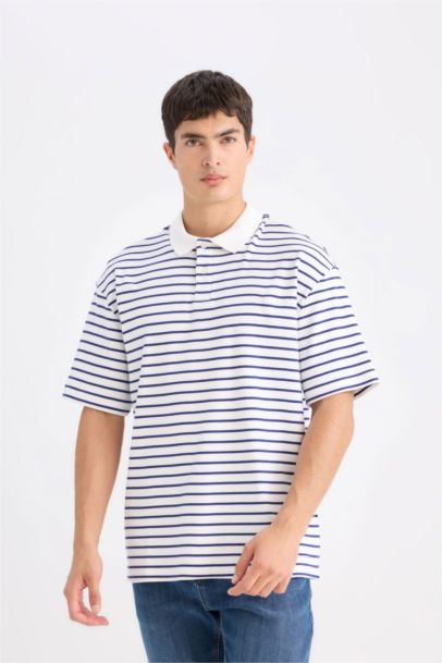 Relax Fit Striped Short Sleeve Ribbed Polo T-Shirt