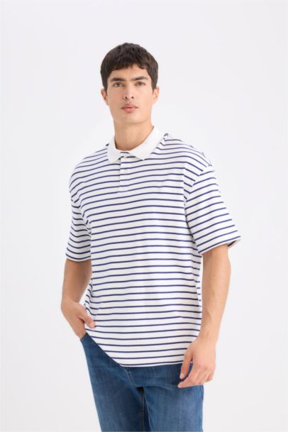 Relax Fit Striped Short Sleeve Ribbed Polo T-Shirt